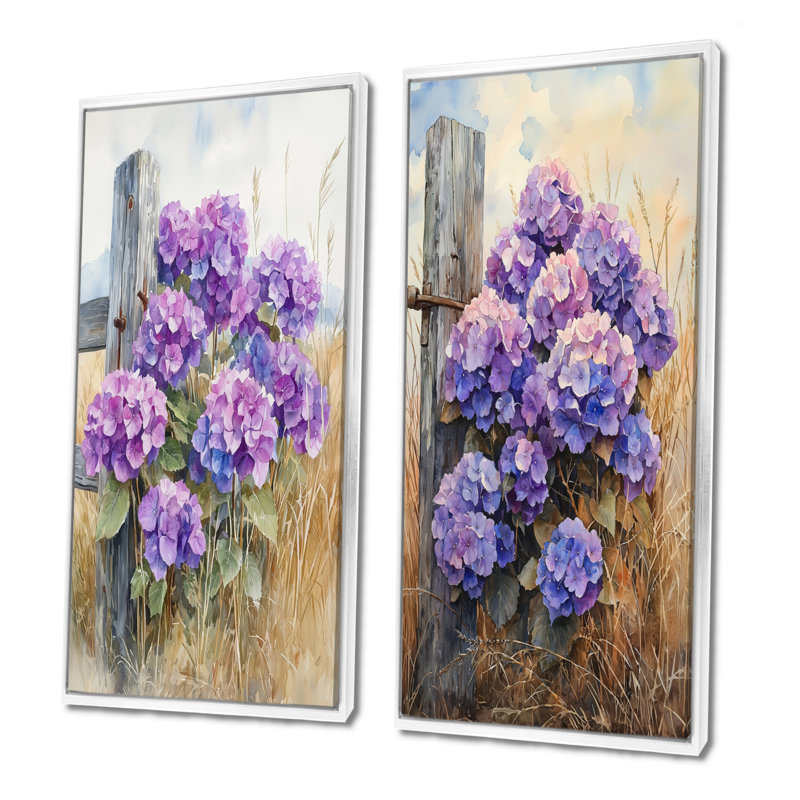 Hortensias à la clôture de la ferme I - impressions sur toile florales 2 panneaux, H 28 po x l 25 po, Cadre flottant blanc