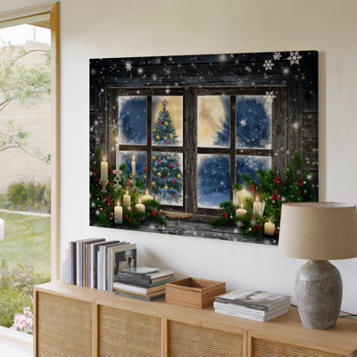 Canvas A Cozy Winter Scene Viewed Through A Rustic Wooden Window Wall Art Framed By Softly Falling Snowflakes In The Foreground A Canvas Wall Art