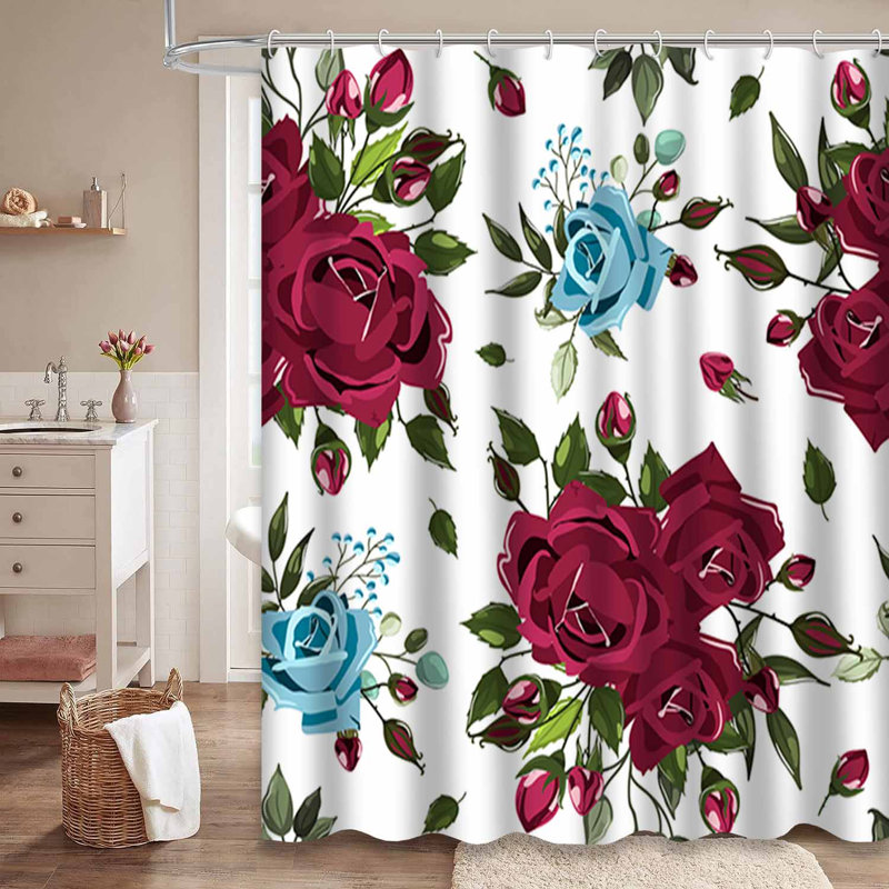 Rideau de douche sans couture à motif floral bourgogne et bleu sarcelle avec 12 crochets, L 72 po x l 84 po