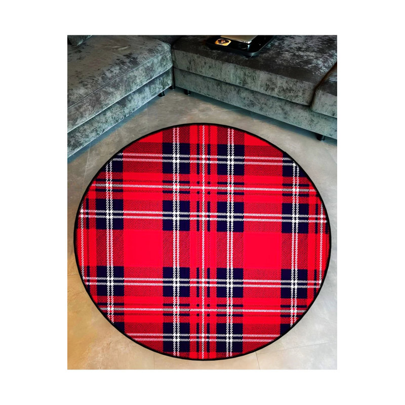 Red Black Plaid Patterned Woven Base Decorative Carpet, Round 4'