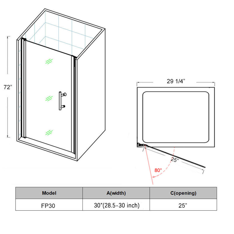 FPivot 29.5 - 31 W x 72 H in. Pivot Shower Door with 1/4'' Tempered Glas, Matte Black