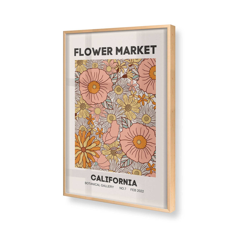 Impression rétro du marché aux fleurs de Californie, H 25 po x l 19 po, Cadre photo simple érable brut