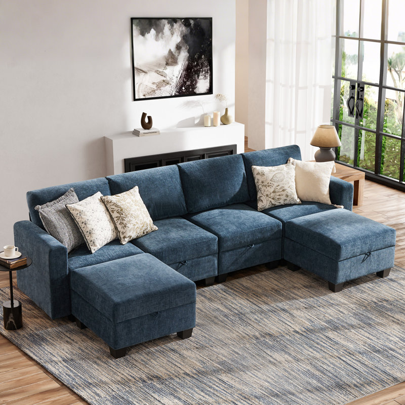 Canapé modulaire rembourré 6 pièces Ilyes, Chenille bleu