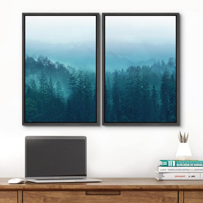 «Teal Mist & Fog Forest Tree Valley Nature Landscape», impression sur toile, 2 pièces