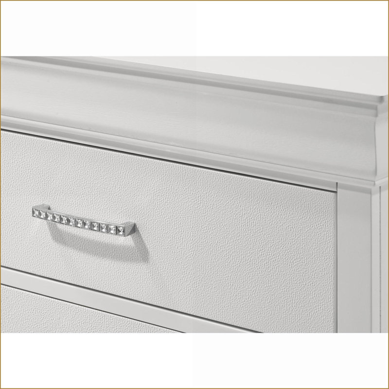 Chests &amp; Wardrobes, Modern 5-Drawer Tall Chest, White Textured Finish with Crystal Tufted Handles | White | Wood