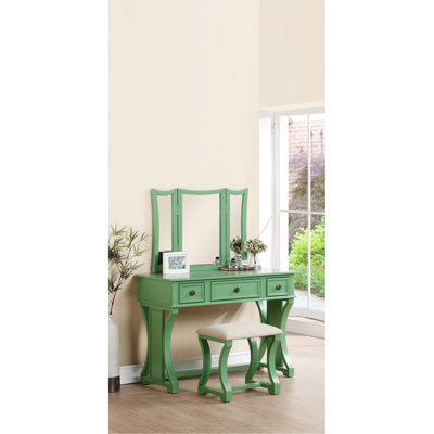 Ensemble de meuble-lavabo unique moderne avec tabouret et tiroirs à miroir pliables en panneau de fibres à densité moyenne de couleur vert pomme