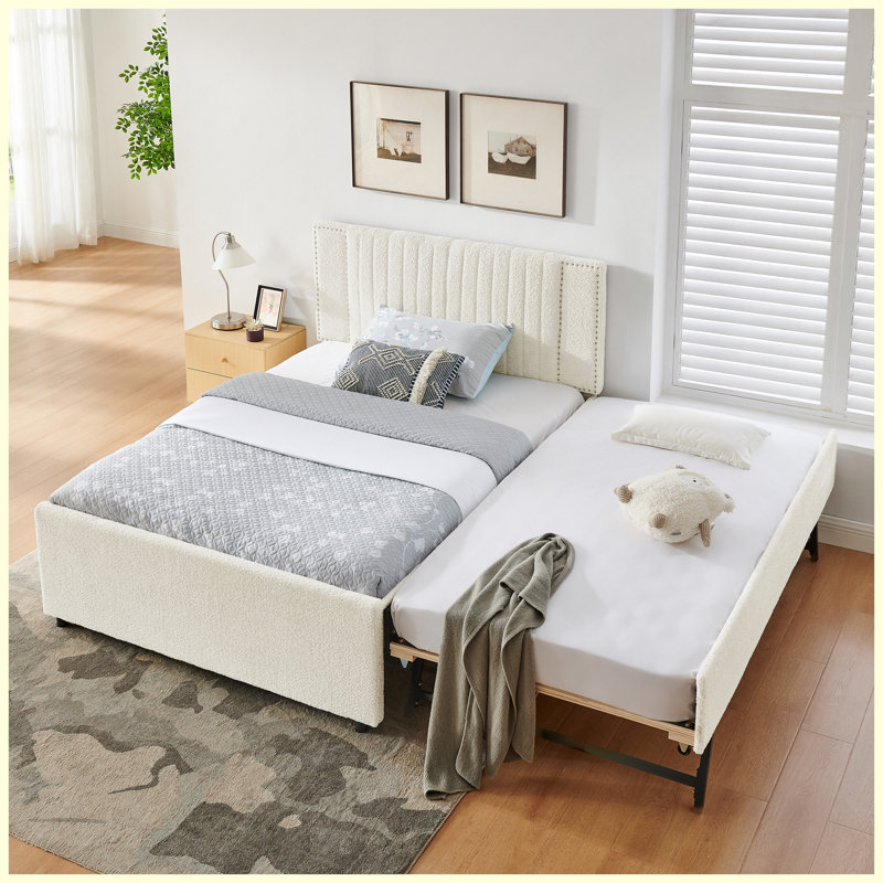 Lit tapissier pleine grandeur en chenille avec tête de lit capitonnée, tiroirs de rangement et lit gigogne, Beige