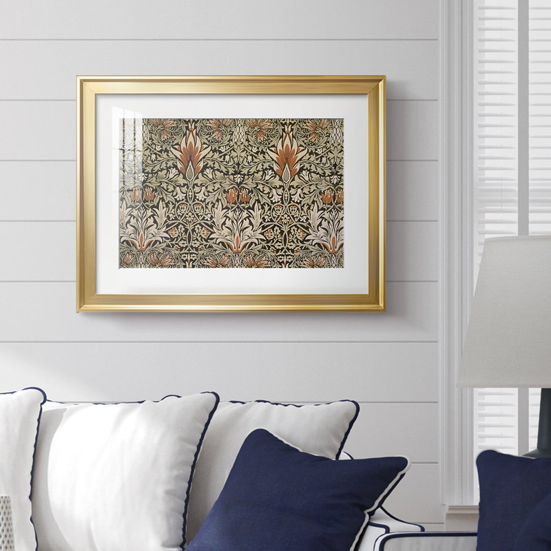 Motif floral symétrique (souci probablement africain ou similaire) - William Morris - reproduction encadrée avec passe-partout et verre - c. 1876