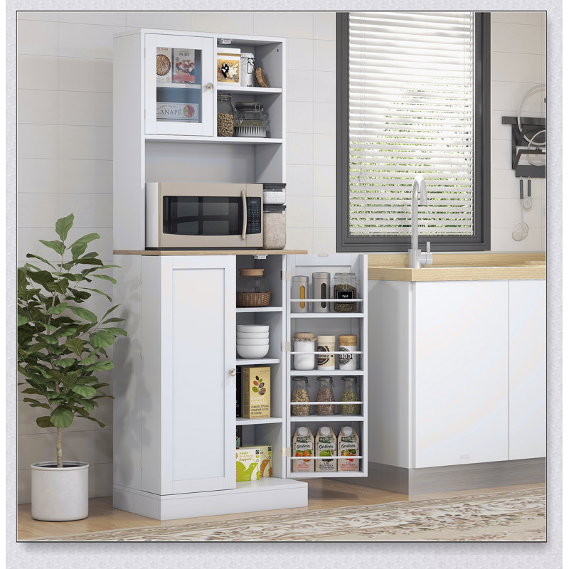 66.5 Inch Freestanding Pantry Cabinet With Microwave Stand, 8 Door Shelves, Adjustable Storage For Kitchen And Dining Room, White