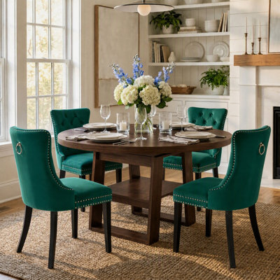 Ensemble de table de salle à manger ronde extensible de 110 à 150 cm pour 4 personnes, table de cuisine ovale en bois de style campagnard et chaises capitonnées avec étagère de rangement