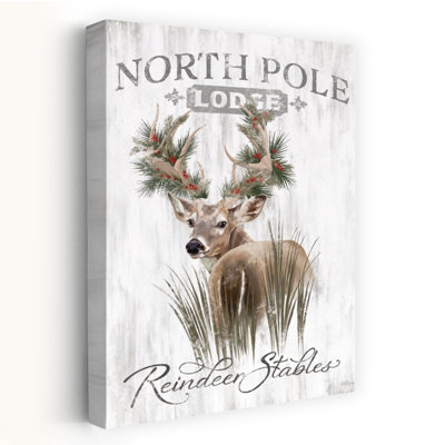 Reindeer Stables - Contemporary Reindeer Lodge Sign North Pole Decor Festive Antlers With Pine Art