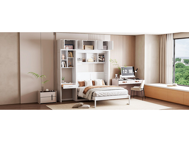 Lit escamotable mural avec bureau, armoire supérieure et tablettes de rangement, lit pliable peu encombrant, Double, Blanc