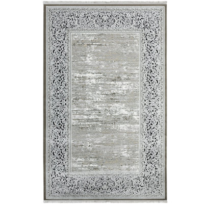 Tapis oriental gris / ivoire / noir en viscose tissé à la machine Ridgely