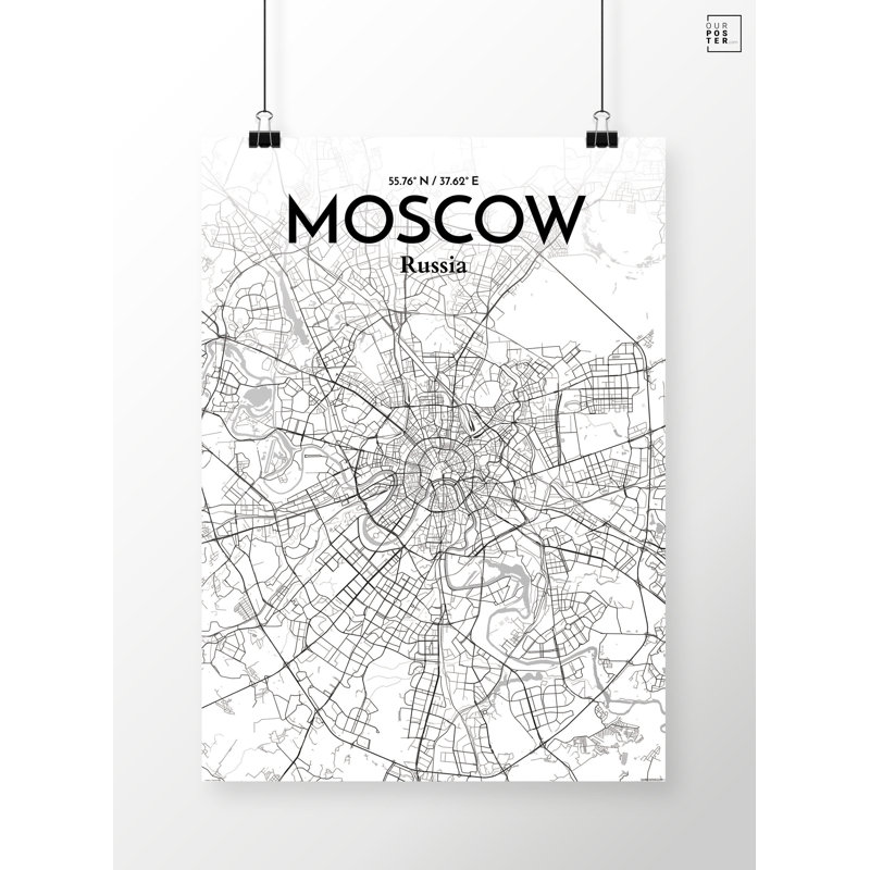 Moscow City Map - Unframed Graphic Art Print on Paper, 43.2cm H x 27.9cm W x 0.13cm D, Black
