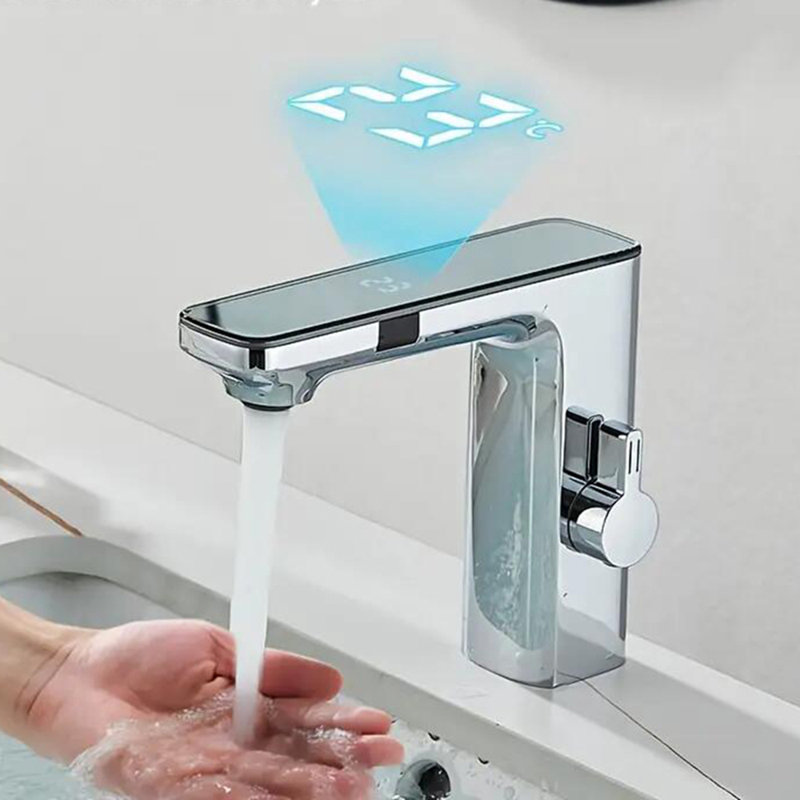 Chrome Bathroom Sink Faucet Smart Sensor 1 Hole LED Temp Display Lavatory Vanity Mixer Taps