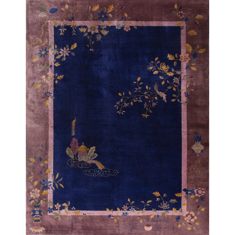 Knotted 1920s Chinese - Art Deco Wool Rectangle Antique Room Size Blue Rug