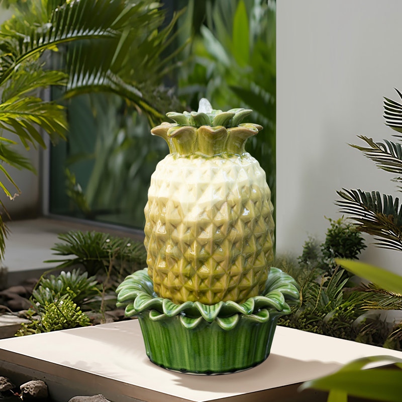 Amyas Pineapple Ceramic Indoor/Outdoor 17.1-In Tall Bubbler Tabletop Fountain, Gold/Green