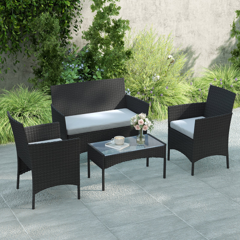 Outsunny 4 Seater Rattan Garden Furniture Set Garden Sofa Set, Grey, Black