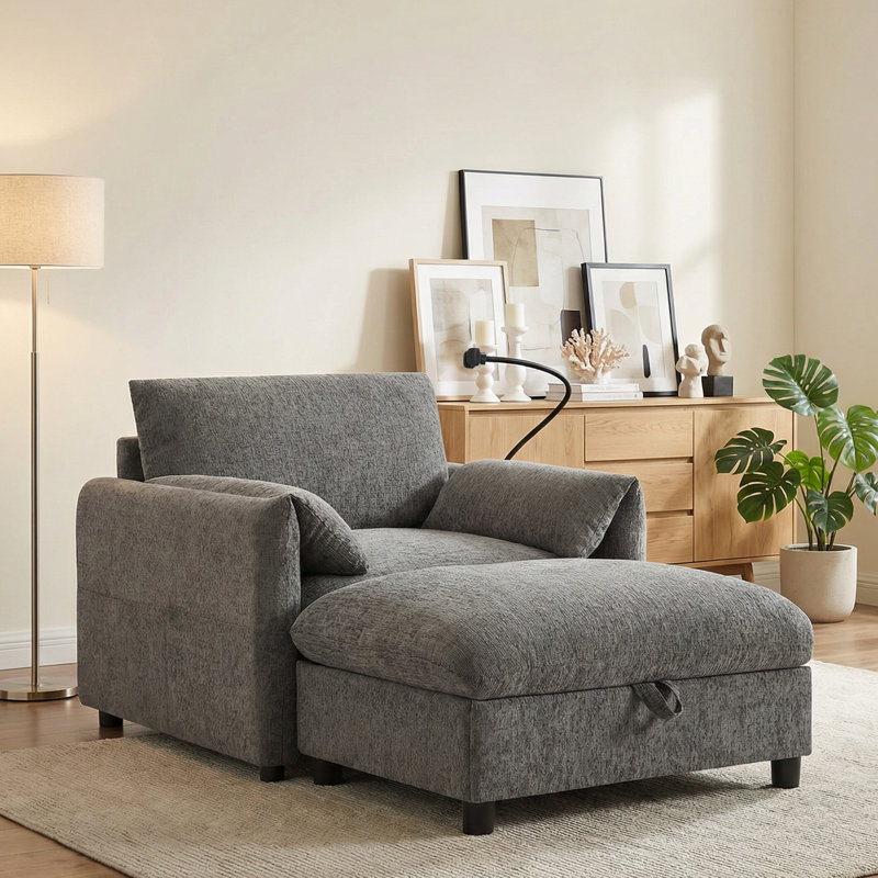 Fauteuil d'appoint rembourré avec repose-pieds avec rangement, Gris