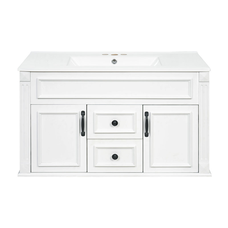 Meuble-lavabo moderne français 36 po avec lavabo intégré en céramique, armoire flottante en bois massif avec 2 tiroirs (blanc / noir / gris / bleu)