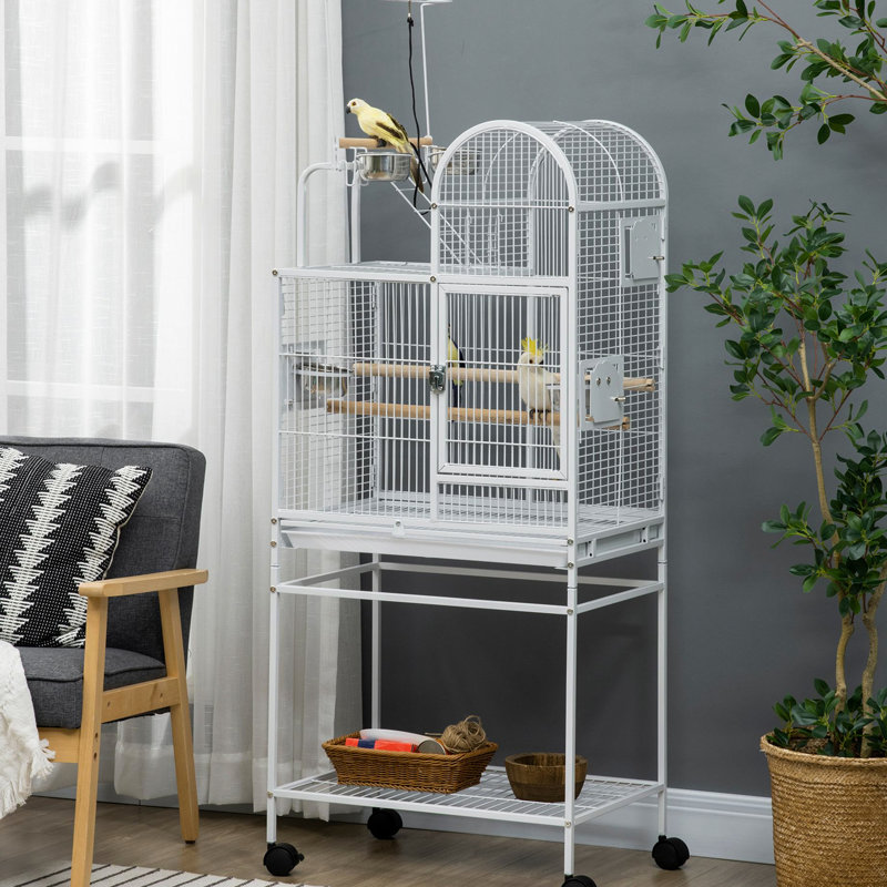 Perroquet, acier blanc, crochets, perchoirs, gobelets, support roulant pour tourtereaux, grande cage à oiseaux, perruches porteuses