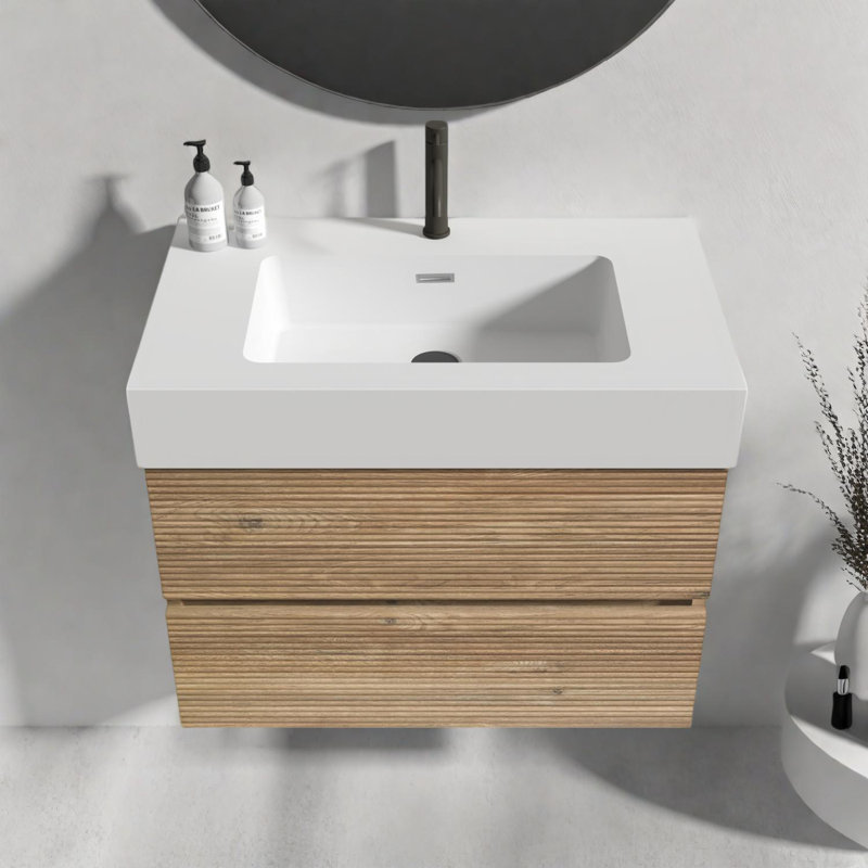 Meuble-lavabo mural avec lavabo à quartz et tiroirs à fermeture en douceur