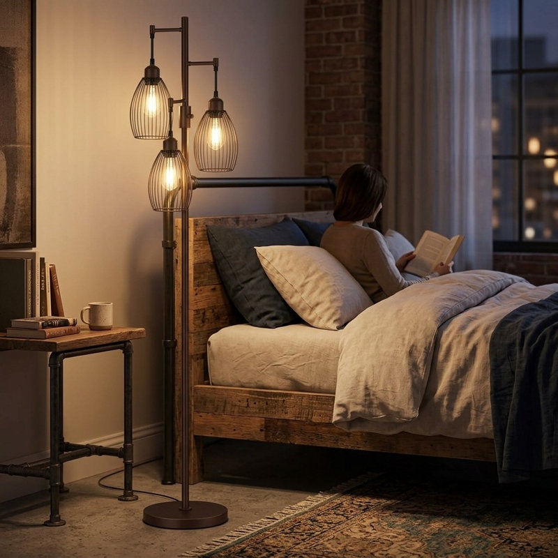 Lampe sur pied industrielle avec cage en forme de larme et 3 ampoules DEL incluses, Brun mat