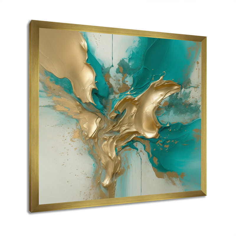 Marbre doré et turquoise Fuild Ink II - impression abstraite sur toile marbrée, H 24 po x l 24 po x P 1 po