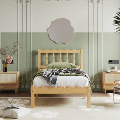 Solid Wood Twin Xl Bed Frame with Wavy Headboard, No Box Spring Needed, Bamboo&Metal