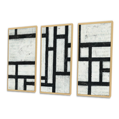 Labyrinthe noir et blanc géométrique - ensemble d'art moderne encadré sur toile Mid-Century