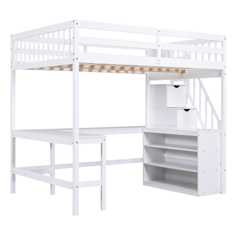 Loft Bed With Built-In L-Shaped Desk And Three-Tier Storage Shelves, White