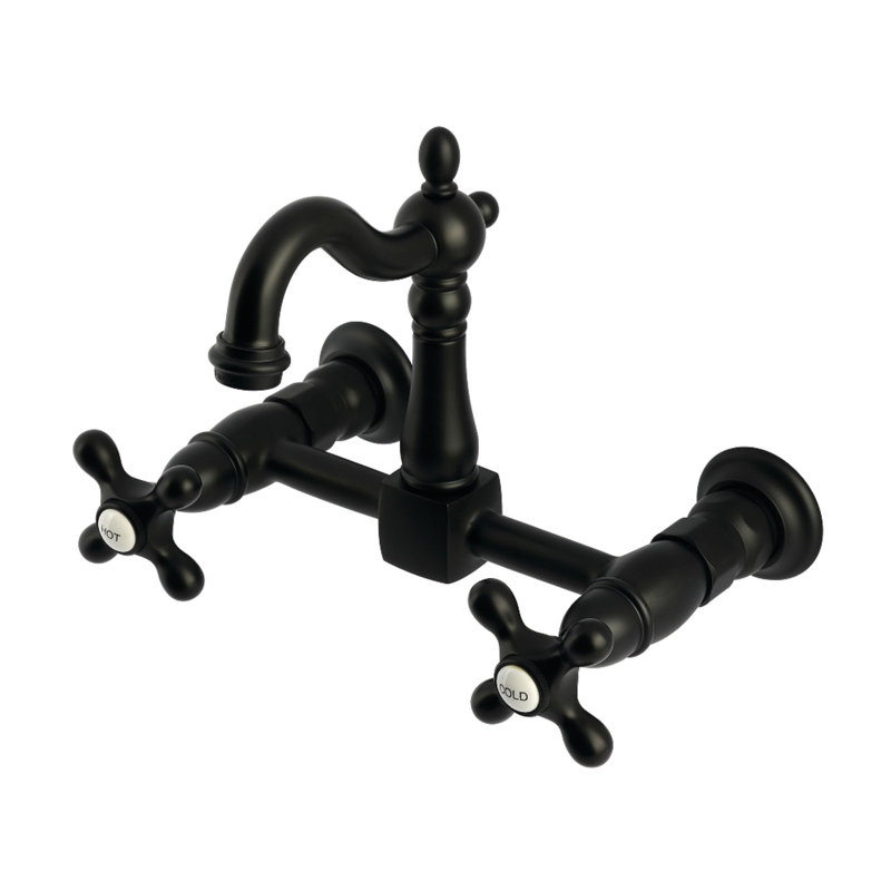 Kingston Brass Heritage Double-Handle 2-Hole Wall-Mount Bridge Kitchen Faucet, Matte Black