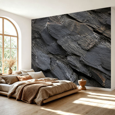 Papier peint auto-adhésif, surface de roche en ardoise noire pour mur naturel, autocollant, papier contact amovible, décoration murale pour salon, chambre à coucher H 69 po x l 96 po
