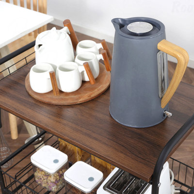 Walnut 3 Tier Rolling Kitchen Cart with Storage - 2 Sliding Fruit Basket, Microwave Cart, Side Hooks, for Dining Room