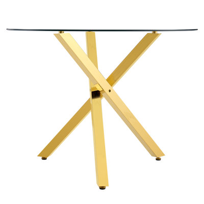 Table de salle à manger ronde en verre convenant à 2 à 4 personnes: diamètre de 39 pouces, hauteur de 30 pouces, structure en métal doré en forme de X, très appropriée pour les restaurants, les cuisines et les petits espaces, élégante et pratique.