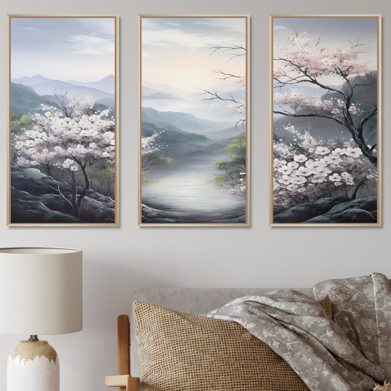Japon, cornouiller, fleurs, Hill I - ensemble de reproductions d'art mural, Cadre naturel flottant