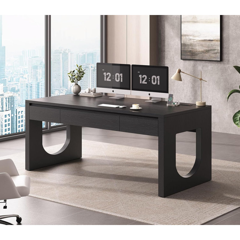 Bureau de direction moderne avec 3 tiroirs, bureau de direction 55 po avec pieds en forme de U, Noir