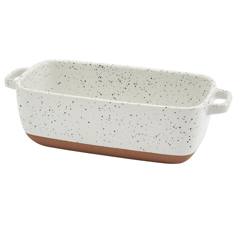 Speckled White Stoneware Loaf Pan with Handles