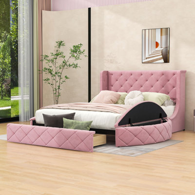 Jakayle 3 Drawers Upholstered Platform Bed with Wingback Headboard and Side Bench
