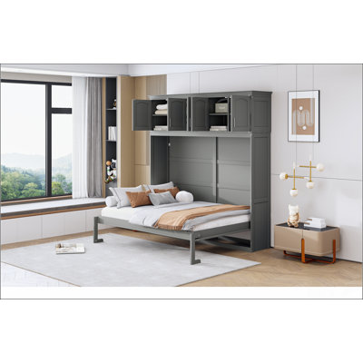 Lit escamotable double pleine grandeur avec armoires supérieures, gris