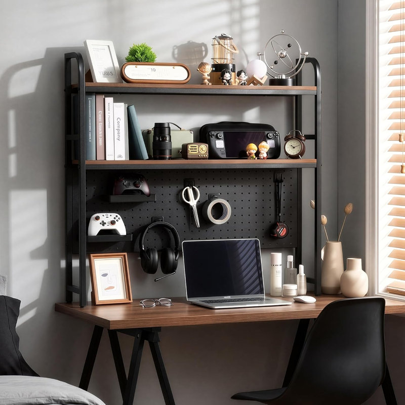Étagère de bureau, huche de bureau avec panneau perforé en métal, support de présentation à 2 niveaux, 4 accessoires, organisateur de rangement de bibliothèque de bureau polyvalent