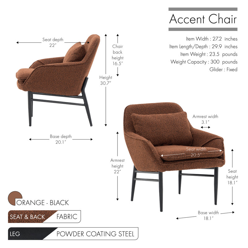 Chaise d'appoint rembourrée en tissu avec coussin Jozeph, pieds en acier, Mélange de polyester orange / noir