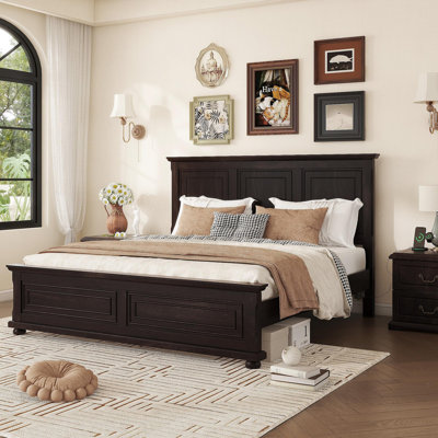 King Size Bed With Tall Headboard, And  Footboard, USB Charging Station, Pinewood Bed With Strengthened Bed Frame ,Rich Brown