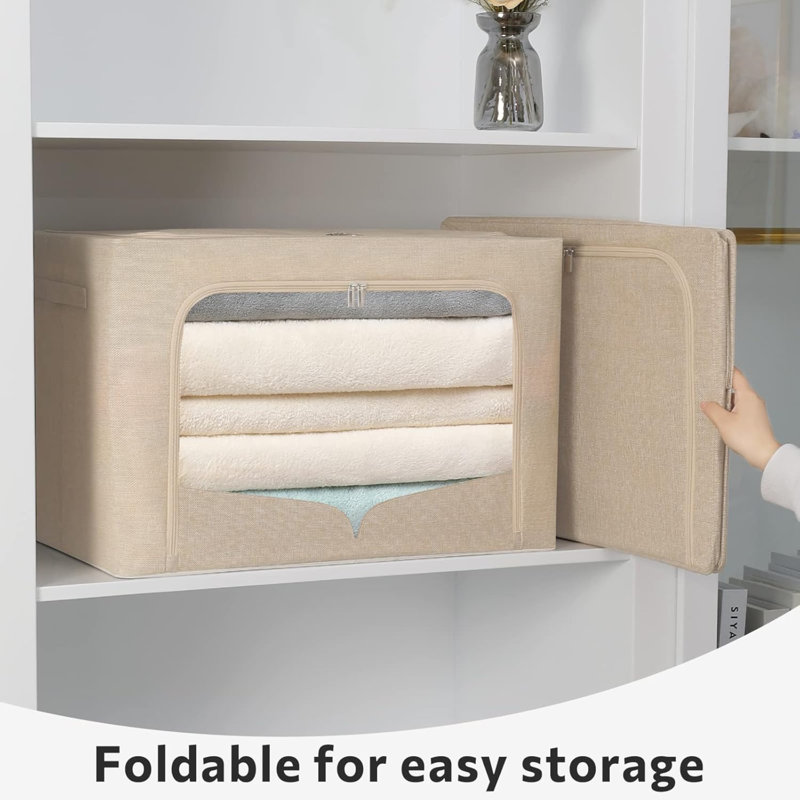 3 Pack Clothes Storage Bins Foldable Metal Frame Storage Box Stackable Linen Fabric Organizer Set With Carrying Handles And Clear Window
