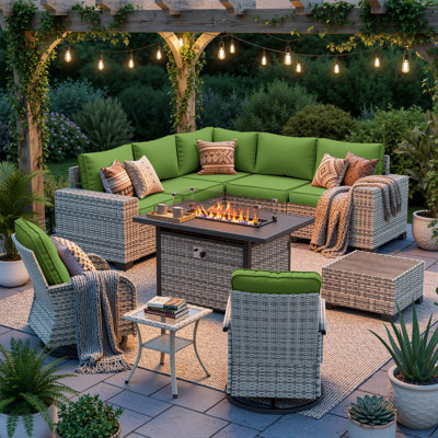 10-Piece Outdoor Patio Sectional Conversation Set With Fire Pit Table And Swivel Rocker Chairs