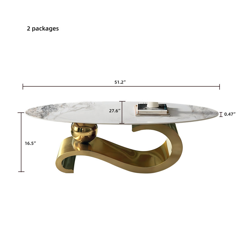 51" Luxury Oval Coffee Table with Base and Sintered Stone Top - Musical Note Shaped Base, Gold