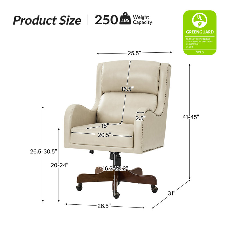 Fauteuil de direction inclinable en cuir végétalien avec support lombaire et base en bois massif Lundgren H 45 po, Beige