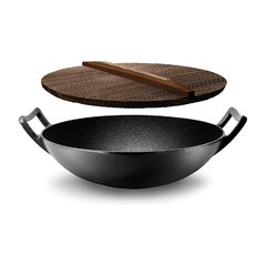 Klee Utensils klee pre-seasoned cast iron wok pan with wood wok lid and  handles - 14