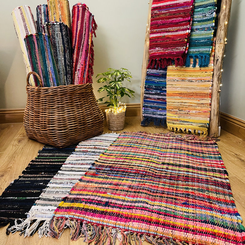 Marone Striped Cotton Hand Woven Area Rug, Rectangle 90 x 150cm