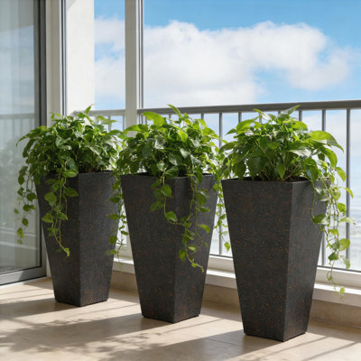 Stackable Taper Planters, Set of 3 Tall Flower Pots with 13 Gallon Capacity and Faux Marble Finish for Indoor and Outdoor Use